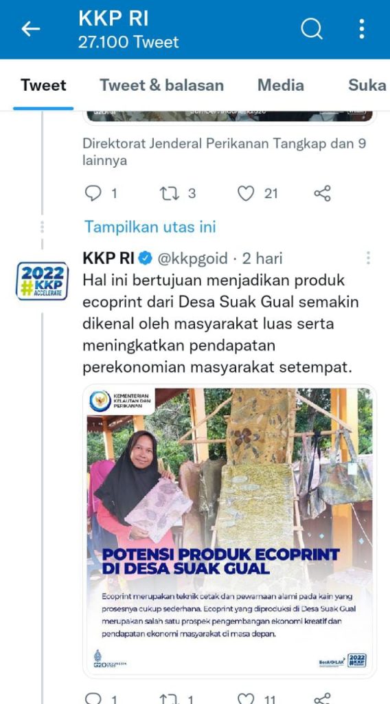 Menteri Sakti Lewat Twitter KKP RI, Beri Dukungan Pameran Ecoprint Suak Gual untuk Persiapan G20 5 IMG-20220617-WA0124