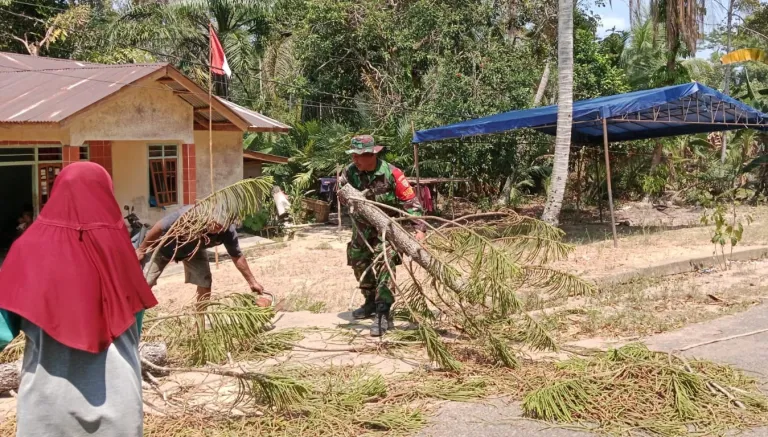 Di Desa Senyubuk, Sertu I Kadek Edi P. Bantu Warga Pangkas Pohon Cemara yang Mengarah ke Jalan